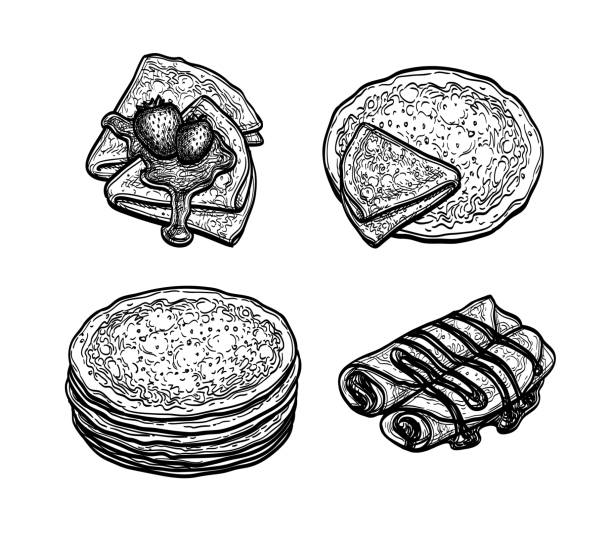 illustrazioni stock, clip art, cartoni animati e icone di tendenza di set di schizzi a penna di blini - pancake