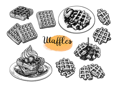 Set of ink sketches. Waffles with syrup and ice cream. Hand drawn vector illustration isolated on white background. Retro style big collection.