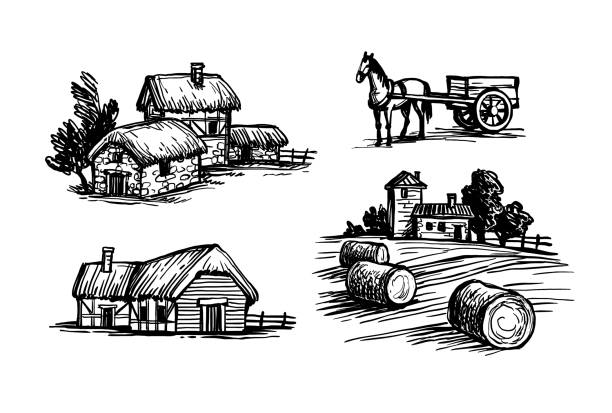 illustrazioni stock, clip art, cartoni animati e icone di tendenza di schizzi a inchiostro set di scene rurali. - case antiche