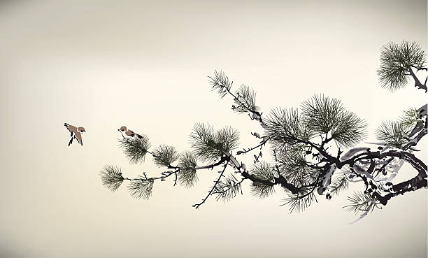 インクスタイルの松の木と鳥 - 松　日本点のイラスト素材／クリップアート素材／マンガ素材／アイコン素材