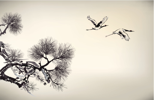 Ink style Pine Tree and crane