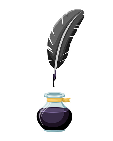 Inkwell with a pen. Vector illustration of retro writing materials. Writer.