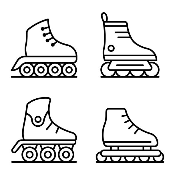 內聯溜冰鞋圖示設置,輪廓樣式 - 單線滾軸溜冰鞋 幅插畫檔、美工圖案、卡通及圖標