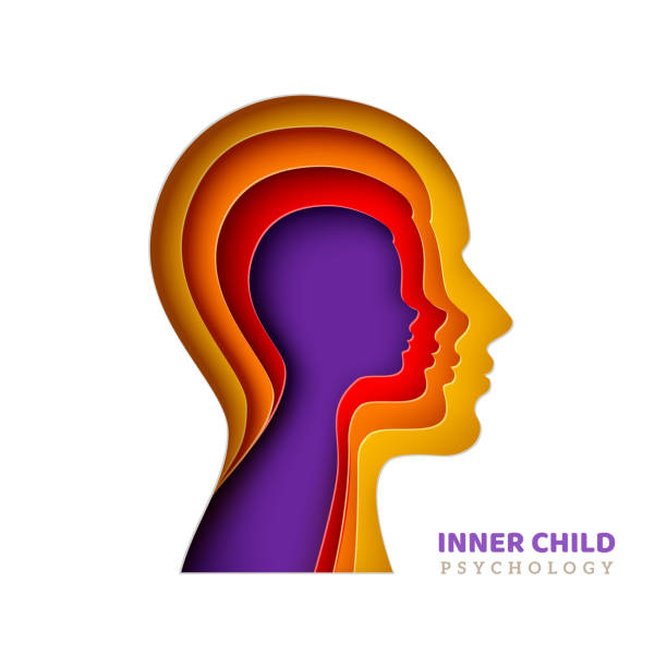 Inner child psychology concept Inner child psychology concept. Man's head with age layers in realistic paper cut style. Vector illustration. Colorful papercut human silhouette isolated on white background for psychotherapy design. paper silhouettes stock illustrations