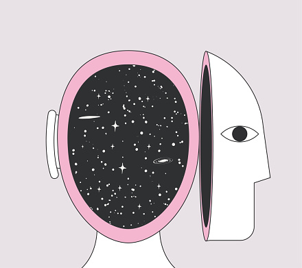 Inner world or inner space or or open mind or self exploring or imagination metaphor concept with human head and space inside it. Vector illustration