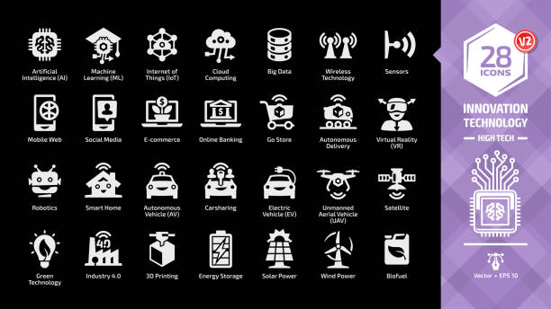 Innovation technology icon set in dark mode with high tech wireless smart future business symbol: artificial intelligence (AI), machine learning (ML), internet of things (IoT), sensors, mobile web. Innovation technology icon set in dark mode with high tech wireless smart future business symbol: artificial intelligence (AI), machine learning (ML), internet of things (IoT), sensors, mobile web. drone patterns stock illustrations