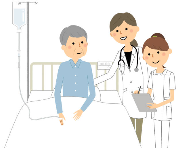Inpatient, doctor and nurse Illustration of hospitalized patient, doctor and nurse. inpatient stock illustrations