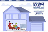 Inscription Home Game Party Advertising Flyer. Leisure Center Own House and Family. Cheerful Company Friends is Sitting in House and Actively Watching Sports Match. Vector Illustration.