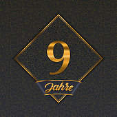 Inscription in German. golden number nine years (number 9 years) dotted font, top view, with dark zero and one background. With alpha channel. Translated from the German - years. 3D illustration