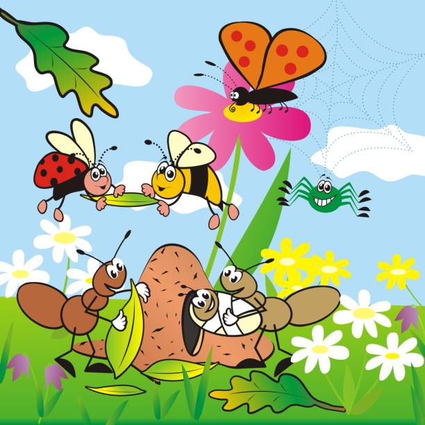 insect on meadow, vector illustration Insect, cute banner for children. Group of animals on the meadow. Ant family, butterfly, spider, wasp and ladybug and different flowers on the meadow. ant clipart pictures stock illustrations
