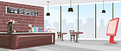 Inside cafeteria flat color vector illustration. Industrial coffee shop indoors. Restaurant with furniture and self service kiosk. Cafe 2D cartoon interior with window on background
