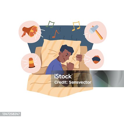 istock Insomnia and sleep problems of man, angry and annoyed personage laying in bed thinking of different sources of noise from everywhere. Restless and tired. Cartoon character in flat style vector 1347258247