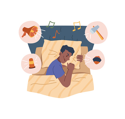 Insomnia and sleep problems of man, angry and annoyed personage laying in bed thinking of different sources of noise from everywhere. Restless and tired. Cartoon character in flat style vector