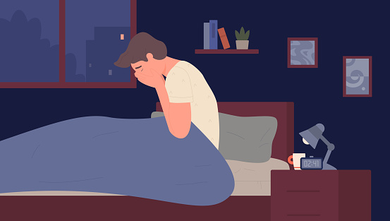 Insomnia at night, sleep mental disorder vector illustration. Cartoon unhappy tired person awake in fear, sad exhausted young man sitting in bed after stress nightmare, sleepless night background