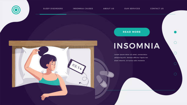Insomnia landing page. Sleepless young woman suffering from sleep disorder, trying to fall asleep. Blue light from smartphone screen. Character, flat cartoon style, web template vector illustration Insomnia landing page. Sleepless young woman suffering from sleep disorder, trying to fall asleep. Blue light from smartphone screen. Character in flat cartoon style, web template vector illustration sleeping drawings stock illustrations
