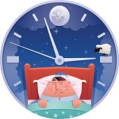 vector illustration of sleepless fat man looking at clock…