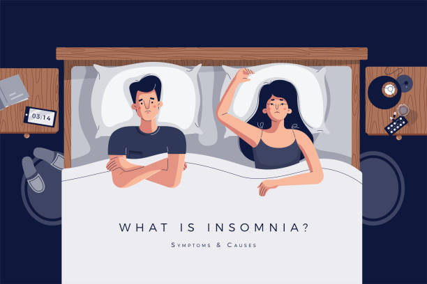 ilustrações de stock, clip art, desenhos animados e ícones de insomnia vector illustration with a couple lying in bed together. relationship problem or sleep disorder concept. unhappy man and woman characters in night bedroom. space for text, flat cartoon style - sleeping couple