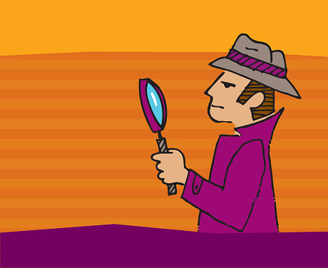 Detective wearing a trench coat with magnifying glass is looking for clues to solve a mystery. Use it for an invitation, announcement or poster, with space for your text. It's layered so you can remove the background or change colors. vector