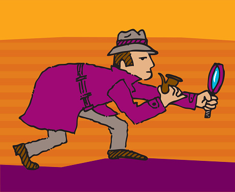 Detective wearing a trench coat with magnifying glass is looking for clues to solve a mystery. Use it for an invitation, announcement or poster, with space for your text. Layered so you can remove background or change colors. vector