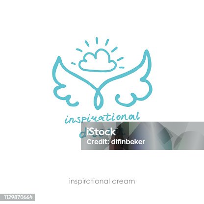 istock Inspirational dream. Hand drawn positive logo. Line art wings and cloud. 1129870664