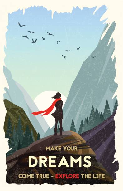 Inspirational poster Girl standing alone on rock watching sunset in mountains. Vector Illustration adventure stock illustrations