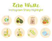 Instagram highlight icons. Ecological zero waste Instagram story highlight covers set. Save planet, bring your bag, glass jar, avocado. Highlight story organic. Hand drawn doodle vector illustration.