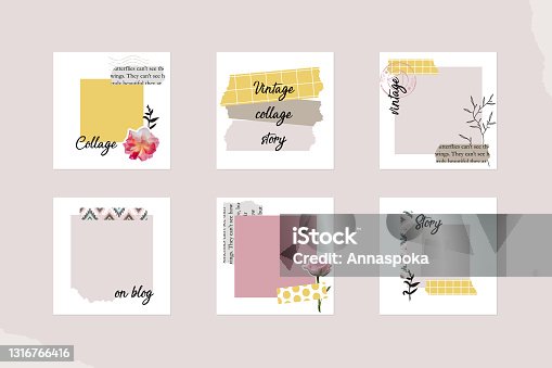 istock Instagram social media story post feed template. minimal background layout mockup in pastel pink yellow color, light spring summer vector. in vintage retro collage style. for beauty, fashion content 1316766416