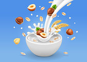 Instant oatmeal with hazelnuts. Milk splash in a bowl with oat grain and nuts advertising. Realistic vector.