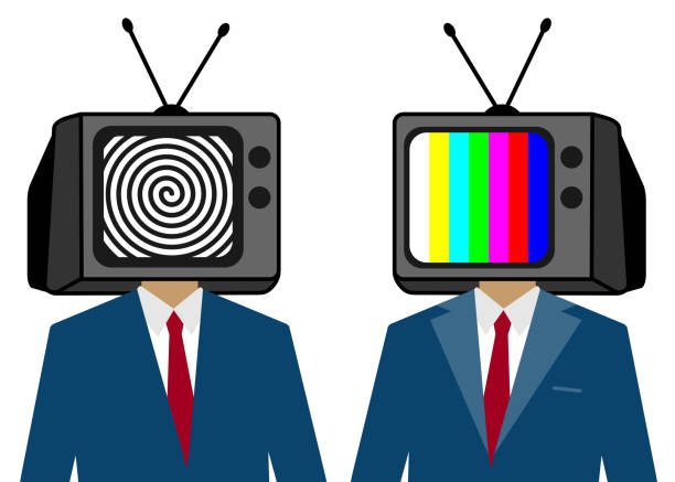 TV instead of a man head. Zombie people. Hypnotized person TV instead of a man head. Zombie people. Hypnotized person person hypnotized by mass media stock illustrations
