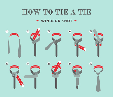 Instructions on how to tie a tie on the turquoise background of the eight steps. Windsor knot . Vector Illustration