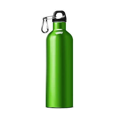Insulated water bottle with carry handle and carabiner clip, realistic vector mock-up. Stainless steel sport flask. Template for design