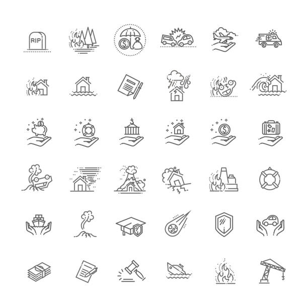 Insurance Icon Thin Line Set Support Services Design for Web and App. Vector illustration Home risk and insurance icons- vector icon set damaged stock illustrations