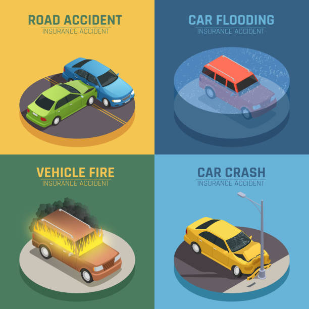 insurance isometric 2x2 Auto insurance concept 4 isometric icons square for road accident damage and car fire damage isolated vector illustration flood illustrations stock illustrations