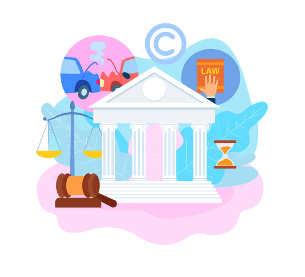 Insurance Trial Process Flat Vector Illustration Insurance Trial Process Flat Vector Illustration. Transport, Life, Intellectual Property Protecting. USA Cartoon Supreme Courthouse, Court Building. Lawyer, Advocate Hand on Legal Book, Constitution supreme court stock illustrations