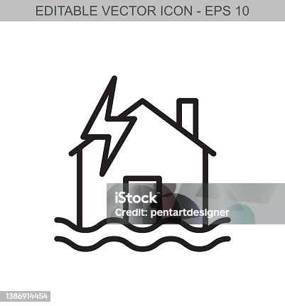 istock Insured house. Lightning and flood disaster. Editable stroke line icon. Vector illustration. 1386914454