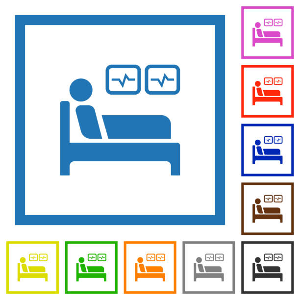 Intensive care flat framed icons Intensive care flat color icons in square frames on white background bed furniture borders stock illustrations