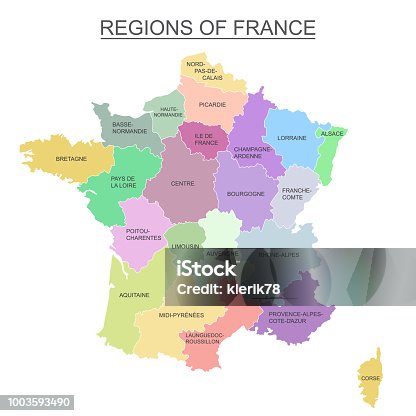 istock Interactive colorful map of metropolitans French regions on white background 1003593490