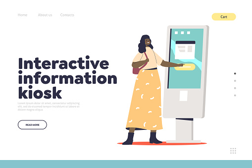 Interactive information kiosk concept of landing page with woman using self-service payment terminal