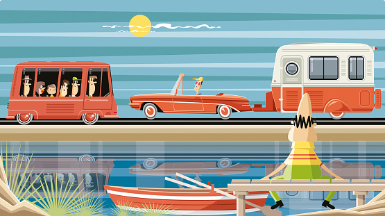 Easy editable vintage 
car and caravan vector illustration.
All elements was layered seperately...