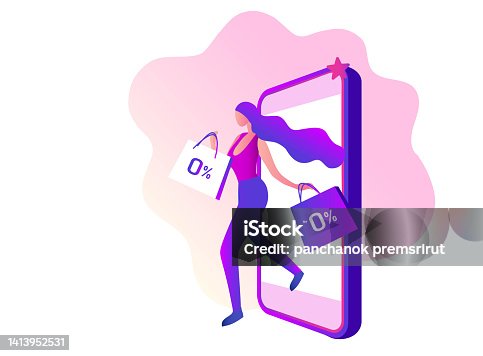 istock 0% interest free online shopping, happy woman holding shopping bags using credit card on smartphone vector illustration 1413952531