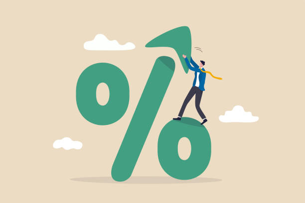Interest rate, tax or VAT increase, loan and mortgage rate upward trend, investment profit or dividend rising up concept, businessman banker, FED or government put upward arrow on percentage symbol.  inflation stock illustrations