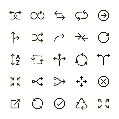 Interface Arrows icons set #09
Specification: 25 icons, 36x36 pх, Perfect fit to 48x48 or 64x64 container, stroke weight 2 px.
Features: Pixel Perfect, Unicolor, Single line.

First row of  icons contains:
Crossing Arrows, Infinity Arrow, Arrow to left and right, Refresh arrows, Arrow (Directional Sign);

Second row contains: 
Road Sign, Shuffling Arrows, The Way Forward Arrow, Two arrows opposition, Reload Arrow;

Third row contains: 
Alphabetical Order, Repetition, Three Way Direction Arrow, Traffic Circle Arrows, Two way Direction arrow; 

Fourth row contains: 
Zoom In, Separating Arrows, Merging Arrows, Navigation Arrows, Delete key;

Fifth row contains: 
Sharing icon, Restoring, Check Mark, Recycling, Zoom Out.

Look at complete Lovico collection — https://www.istockphoto.com/collaboration/boards/lMC2_wNPxEicskAakpAbgA