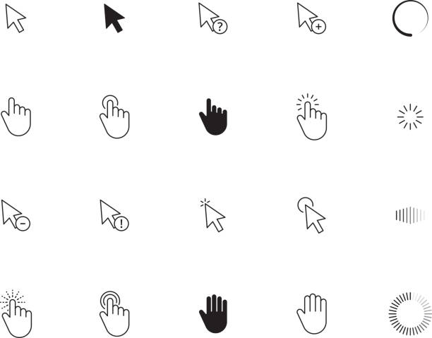 Interface cursor. Choosing here point ui touch click arrows and hand screen pointing vector icons Interface cursor. Choosing here point ui touch click arrows and hand screen pointing vector icons. Press pointer touch, click cursor interface illustration mouse stock illustrations