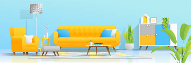 ilustraciones, imágenes clip art, dibujos animados e iconos de stock de fondo interior con acogedor salón colorido, vector, ilustración - living room