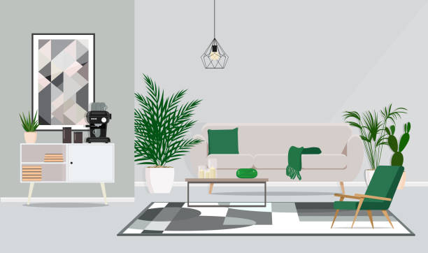 토론 및 커피 일시 정지에 대 한 사무실, 룸의 인테리어 디자인. 벡터 평면 그림 - living room stock illustrations