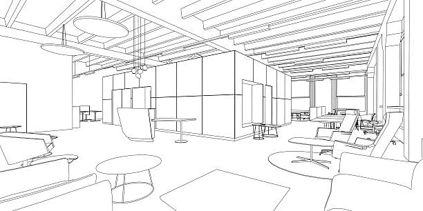 Interior drawing Outline sketch of a interior office space. modern house stock illustrations