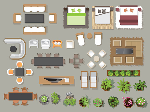 Interior icons top view, tree ,furniture, bed,sofa, armchair, for architectural or landscape design, for map.vector illustration