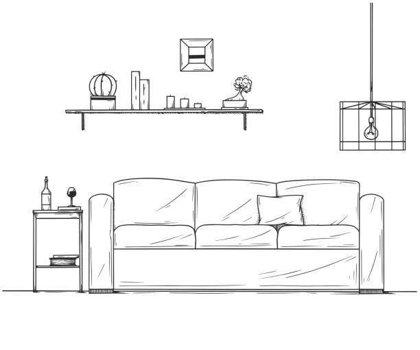 Interior in sketch style. Sofa, bedside table, lamp and shelf with plants. Vector  drawing of a bookshelf stock illustrations