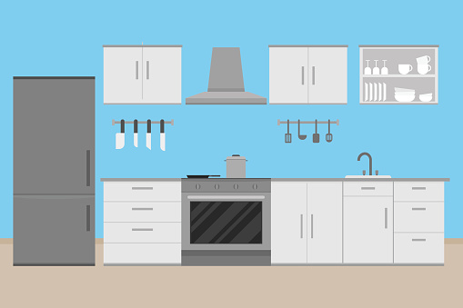 Interior Kitchen Room Design With Kitchenwarevector And Illustration