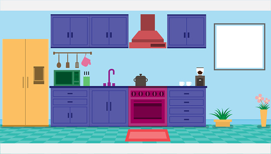 Interior Kitchen Room Design With Kitchenwarevector And Illustration